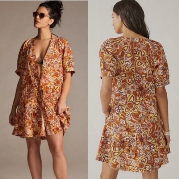 Anthropologie PILCRO Puffed Sleeve Floral Tapestry Dress Cotton/Linen size S - Picture 4 of 16